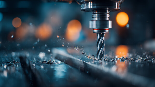 工場内CNCミリング加工の精密マクロ撮影