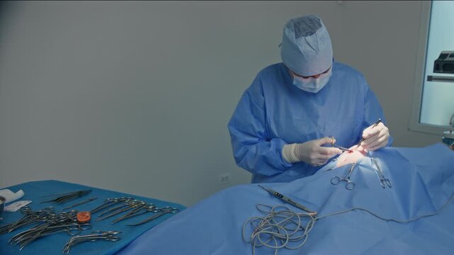 Female surgeon doctor suturing the patient after tumor removal surgery in a hospital operating room, medium shot. Healthcare and medicine concept.