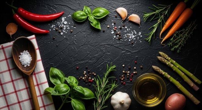 Culinary Still Life: Fresh Ingredients on Dark Slate, Top-Down View