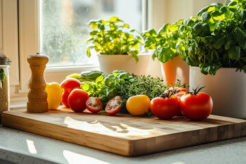 Farm Fresh Local Vegetables and Herbs on Wooden Board in Morning Light