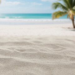 Golden sand with copy space and blue sky – summer product display, travel, skincare, sun...