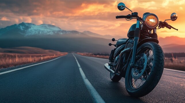 A creative shot of a Royal Enfield on a deserted road with mountains in the background