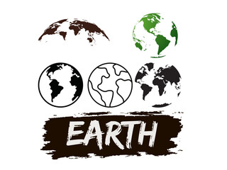 Obraz premium The illustration features a group of Earth globes in a vector style. Each globe showcases different geographical details, enhancing the visual appeal. This artwork combines elements of design