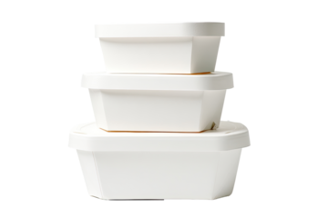 Stacked white plastic food containers.  Three containers of varying sizes,  stacked vertically,  each with a square, octagonal shape.  A light beige/tan colored interior detail is visible
