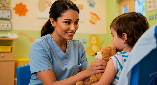 A kind female nurse or doctor interacting with a young child holding a teddy bear in a hospital