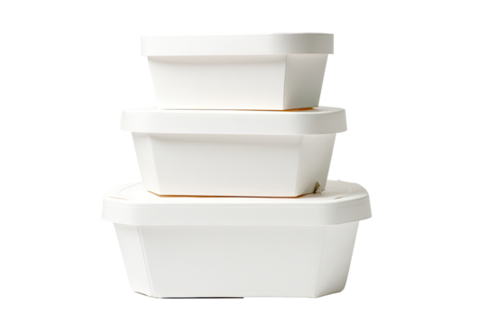 Stacked white plastic food containers.  Three containers of varying sizes,  stacked vertically,  each with a square, octagonal shape.  A light beige/tan colored interior detail is visible