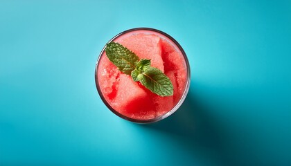 glass of watermelon or strawberry slushie with mint on a trendy blue background minimalist summer vibe