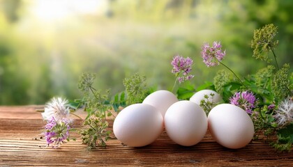 fresh white eggs on rustic wood amidst wildflowers and greenery