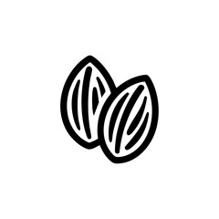Simple outline vector icon of two almonds in black, representing nuts, healthy snacking, and plant-based protein.

