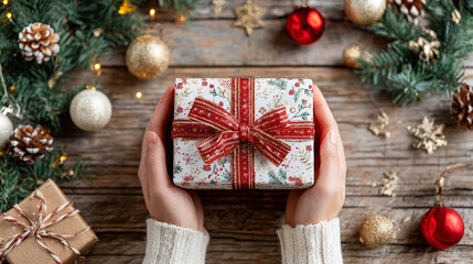  Festive Christmas gift wrapped in patterned paper and red ribbon held by hands, surrounded by decorations on rustic wooden table