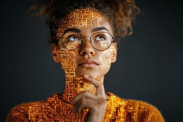 Ai and ethics: student amidst digital overlay of decision trees. Education trends. Navigating ai challenges in contemporary school systems. Learning transformation. Global networking.