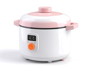 A compact, pastel-colored electric rice cooker with a digital timer display.