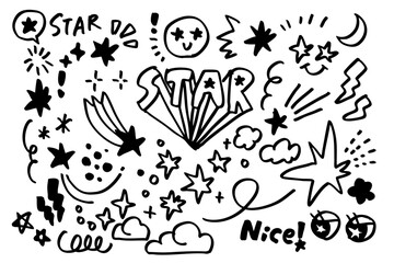 手描き風の黒い線で描かれた星やスパークルが散りばめられたシンプルで可愛い落書きイラストセット