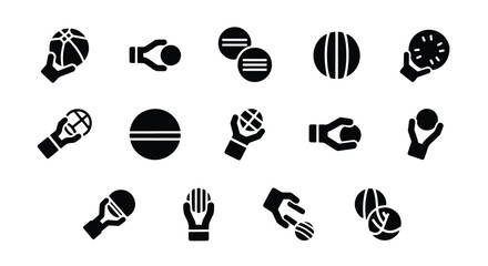 Solid black silhouette sports icon set  -  hand holding a globe icon symbolizing global connection and communication isolated on white background