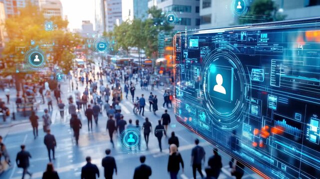 Crowded city street with futuristic digital interface displaying user data and tracking icons over pedestrians. Technological visualization of personal information monitoring in urban environment.