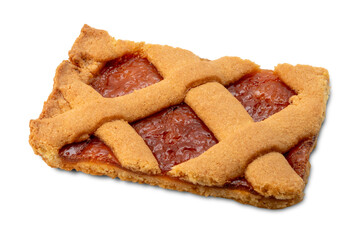 Slice of tart with apricot jam isolated on white background with clipping path included
