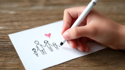 A hand drawing a family illustration on a piece of paper. Simple stick figures represent love and togetherness. Ideal for family themes and creative projects. AI