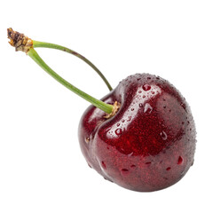 Fresh Cherry with Water Droplets and Green Stem