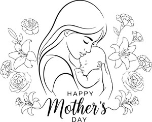 Loving Mother with Baby in Floral Design, Illustration, Warm Emotions