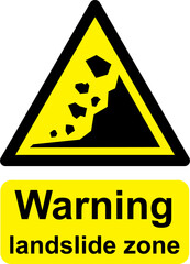 Black and yellow vector graphic of Warning landslide zone warning sign. It consists of a symbol in a triangle above warning text.