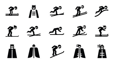 Obraz premium Solid black silhouette sports icon set - set of skiing and snowboarding stick figure icons isolated on white background