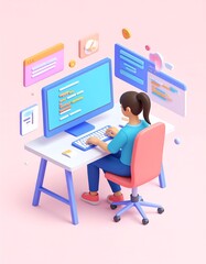 A stylized illustration of a woman coding on a computer, surrounded by digital elements.