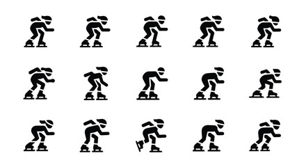 Naklejka premium Solid black silhouette sports icon set - set of ice skating stick figure icons isolated on white background