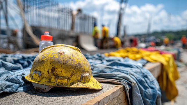 Scorched helmet rests on rebar as workers shelter from blazing sun