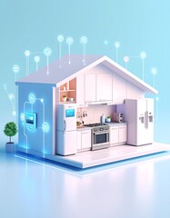 A 3D model of a smart home kitchen, showcasing connected appliances and technology.