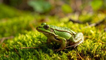 Obraz premium Close-up of a vibrant green frog on moss (1)