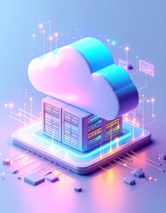 Cloud computing server infrastructure depicted with a stylized cloud icon hovering over interconnected data servers.