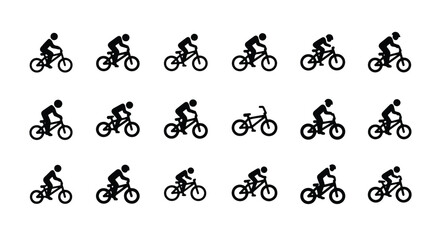 Fototapeta premium Solid black silhouette sports icon set - bicycle rider in action, isolated on white background