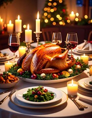 Roasted turkey centerpiece of a festive Christmas dinner table, adorned with candles, ornaments, and wine glasses.