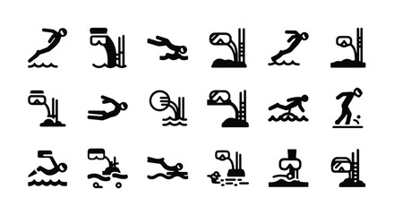 Obraz premium Solid black silhouette sports icon set - swimming pool lanes and diving board icon isolated on white background