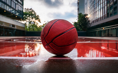 Red Basketball on Wet Court in Urban Setting