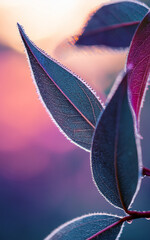 lose Up of Dew Covered Leaves with Soft Purple and Pink Blurred Background