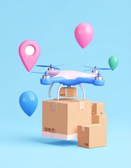 A 3D rendering of a drone carrying packages, surrounded by location pins and balloons on a blue background.