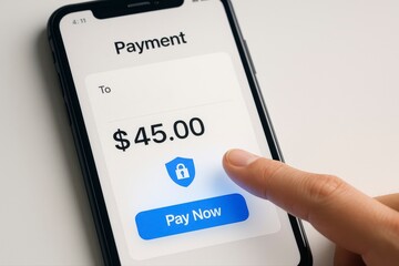 Making secure mobile payment of $45 with finger on phone screen for financial transactions now