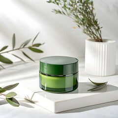 Green skincare cream jar with natural plant elements