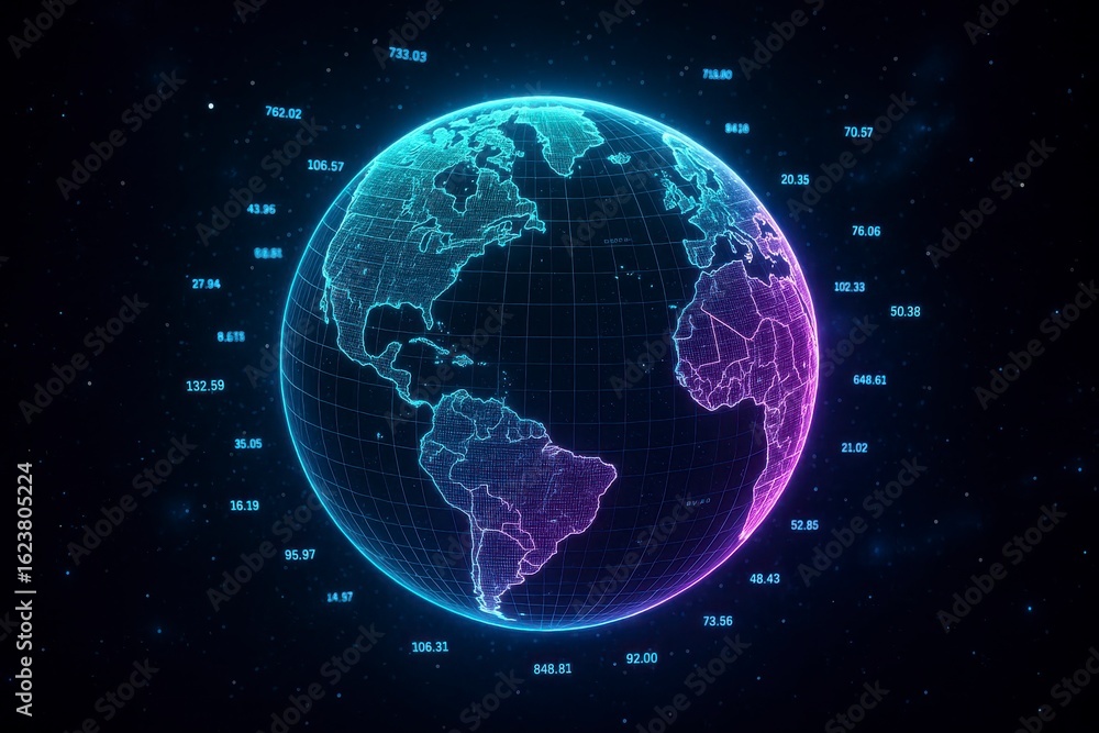 Poster stunning global data visualization with glowing world map and floating numbers for science or busine