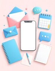 A smartphone surrounded by various communication and organizational tools, all in a colorful, stylized illustration.