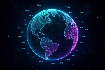 Stunning global data visualization with glowing world map and floating numbers for science or business