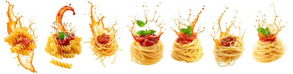 Delicious italian pasta with tomato sauce splashing on transparent background