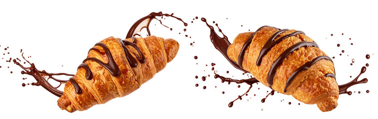 Two fresh croissants covered with splashing melted chocolate on transparent background