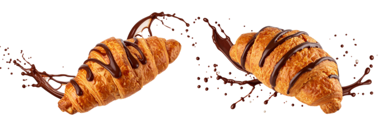 Two fresh croissants covered with splashing melted chocolate on transparent background