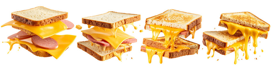 Toasted sandwich with sausage and melted cheese on transparent background