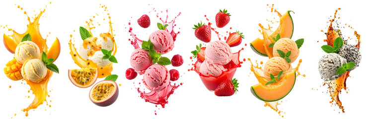Ice cream scoops with fresh fruit splashes on transparent background