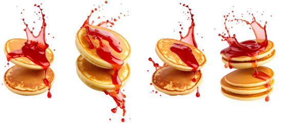 Pancakes with strawberry syrup splashing on transparent background