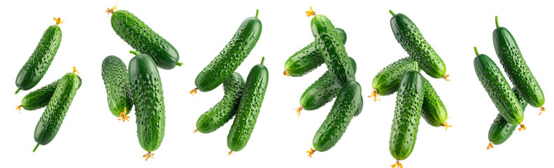 Fresh green cucumbers falling on transparent background