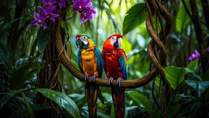 Obraz premium Two colorful macaws perched on a branch in a lush tropical rainforest